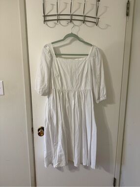 Square Neck White Midi Dress with Puff Sleeves